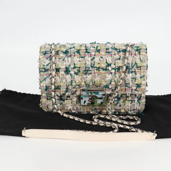 CHANEL Chain Matelasse Shoulder Bag Tweed White CC Auth - Picture 1 of 15